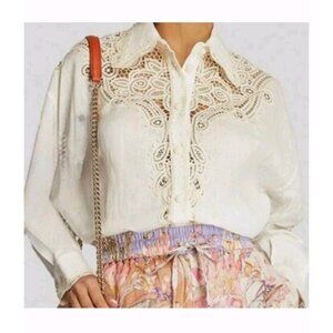 Caroline Costas Women's Linen Lace Embroidery Off White Blouse Shirt Top NWT SzS